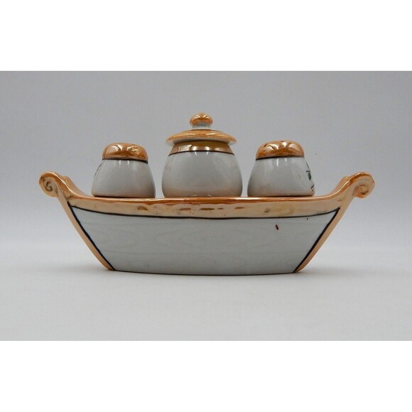 Lustreware Condiment Set Salt Pepper Mustard Jar Boat Peach White Floral Canoe - Picture 3 of 12